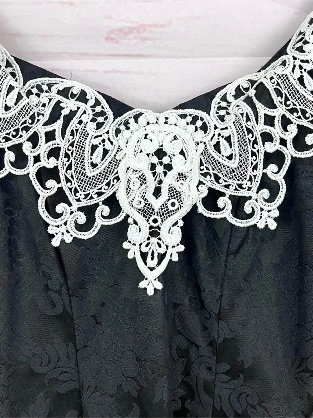 Jessica McClintock Black One-Shoulder Dress with White Lace Appliqué - Picture 2 of 10